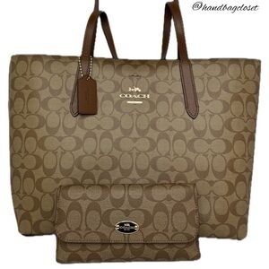 COACH Avenue Signature “C” Coated Canvas Brown F67108 Lot Set: Tote Bag & Wallet